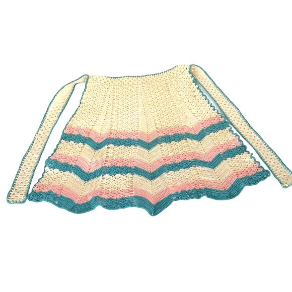 Vintage Crochet Apron Retro Striped Green Pink White Handmade Scalloped Bottom - Picture 8 of 8